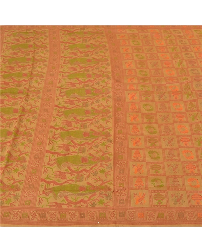 Sanskriti Vintage Beige Sarees 100% Pure Silk Woven Baluchari Human Sari Fabric, PS-60393-Beige-Woven Work-Pure Silk-4