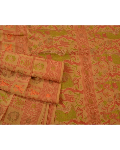 Sanskriti Vintage Beige Sarees 100% Pure Silk Woven Baluchari Human Sari Fabric, PS-60393-Beige-Woven Work-Pure Silk-8