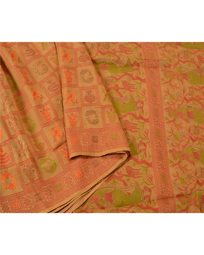 Sanskriti Vintage Beige Sarees 100% Pure Silk Woven Baluchari Human Sari Fabric, PS-60393-Beige-Woven Work-Pure Silk-10