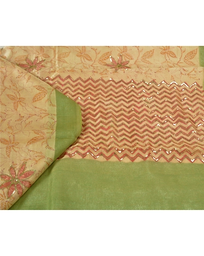Sanskriti Vintage Ivory Sarees 100% Pure Silk Hand Beaded Sari Craft Fabric, PS-60395-Ivory &amp; Green-Sequins Work-Pure Silk-2