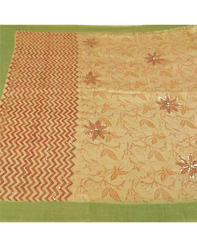 Sanskriti Vintage Ivory Sarees 100% Pure Silk Hand Beaded Sari Craft Fabric, PS-60395-Ivory &amp; Green-Sequins Work-Pure Silk-4