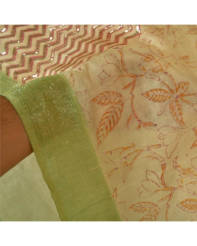 Sanskriti Vintage Ivory Sarees 100% Pure Silk Hand Beaded Sari Craft Fabric, PS-60395-Ivory &amp; Green-Sequins Work-Pure Silk-5