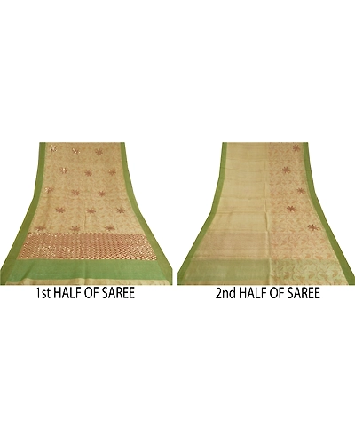 Sanskriti Vintage Ivory Sarees 100% Pure Silk Hand Beaded Sari Craft Fabric, PS-60395-Ivory &amp; Green-Sequins Work-Pure Silk-6