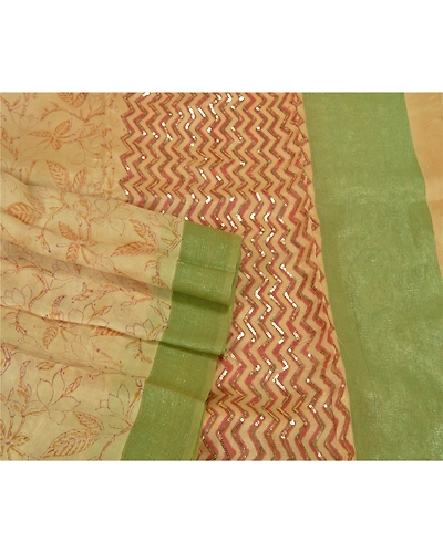 Sanskriti Vintage Ivory Sarees 100% Pure Silk Hand Beaded Sari Craft Fabric, PS-60395-Ivory &amp; Green-Sequins Work-Pure Silk-8