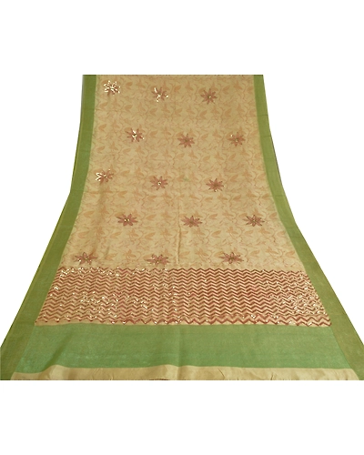 Sanskriti Vintage Ivory Sarees 100% Pure Silk Hand Beaded Sari Craft Fabric, PS-60395-Ivory &amp; Green-Sequins Work-Pure Silk-9