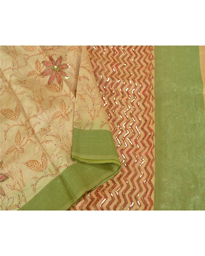 Sanskriti Vintage Ivory Sarees 100% Pure Silk Hand Beaded Sari Craft Fabric, PS-60395-Ivory &amp; Green-Sequins Work-Pure Silk-10