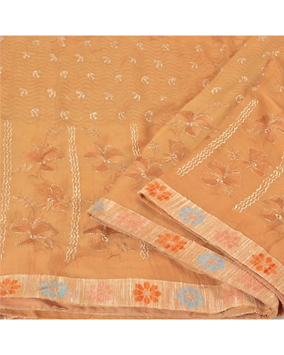Sanskriti Vintage Peach Sarees Pure Chiffon Silk Embroidered Premium Sari Fabric, PS-60404-Peach-Thread Work-100% Pure Chiffon Silk-2