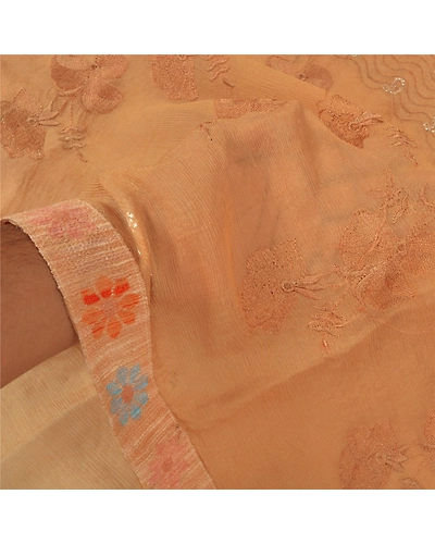 Sanskriti Vintage Peach Sarees Pure Chiffon Silk Embroidered Premium Sari Fabric, PS-60404-Peach-Thread Work-100% Pure Chiffon Silk-5