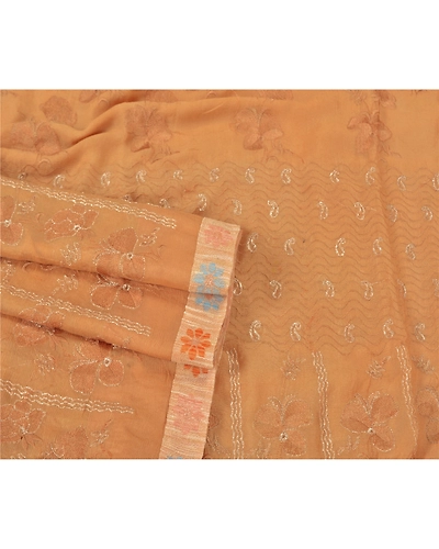 Sanskriti Vintage Peach Sarees Pure Chiffon Silk Embroidered Premium Sari Fabric, PS-60404-Peach-Thread Work-100% Pure Chiffon Silk-8