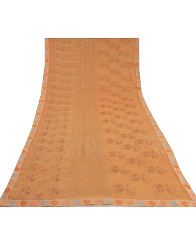Sanskriti Vintage Peach Sarees Pure Chiffon Silk Embroidered Premium Sari Fabric, PS-60404-Peach-Thread Work-100% Pure Chiffon Silk-9