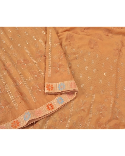 Sanskriti Vintage Peach Sarees Pure Chiffon Silk Embroidered Premium Sari Fabric, PS-60404-Peach-Thread Work-100% Pure Chiffon Silk-10