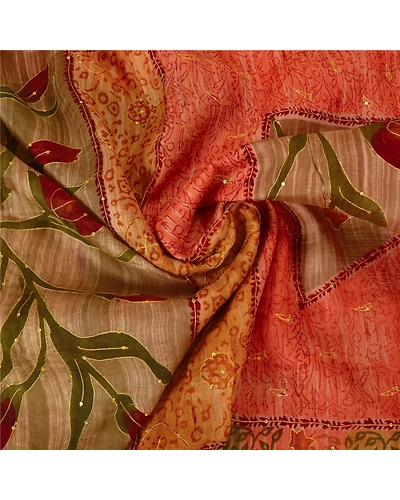 Sanskriti Vintage Indian Sarees 100% Pure Silk Hand Beaded Sari Craft Fabric, PS-60432-Multi Color-Printed Work-100% Pure Silk-7