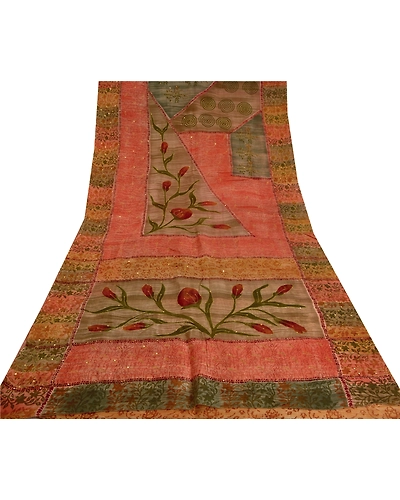 Sanskriti Vintage Indian Sarees 100% Pure Silk Hand Beaded Sari Craft Fabric, PS-60432-Multi Color-Printed Work-100% Pure Silk-9