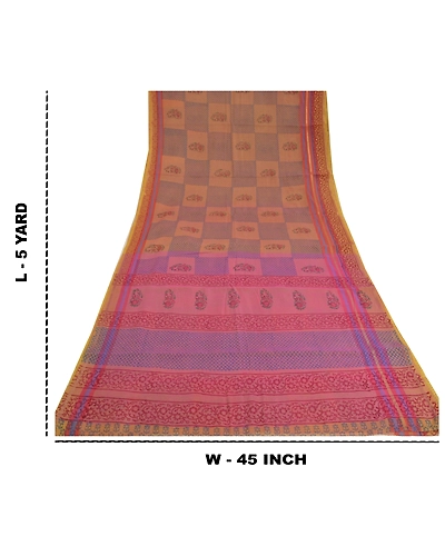 Sanskriti Vintage Pink Indian Sarees Chanderi Block Printed Sari Craft Fabric, PS-60434-Pink-Block Printed Work-Chanderi-1