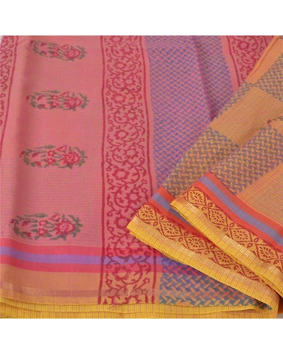 Sanskriti Vintage Pink Indian Sarees Chanderi Block Printed Sari Craft Fabric, PS-60434-Pink-Block Printed Work-Chanderi-2