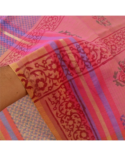 Sanskriti Vintage Pink Indian Sarees Chanderi Block Printed Sari Craft Fabric, PS-60434-Pink-Block Printed Work-Chanderi-5