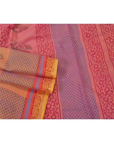 Sanskriti Vintage Pink Indian Sarees Chanderi Block Printed Sari Craft Fabric, PS-60434-Pink-Block Printed Work-Chanderi-8