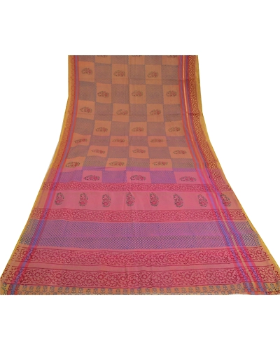 Sanskriti Vintage Pink Indian Sarees Chanderi Block Printed Sari Craft Fabric, PS-60434-Pink-Block Printed Work-Chanderi-9