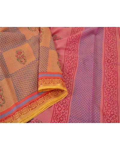 Sanskriti Vintage Pink Indian Sarees Chanderi Block Printed Sari Craft Fabric, PS-60434-Pink-Block Printed Work-Chanderi-10
