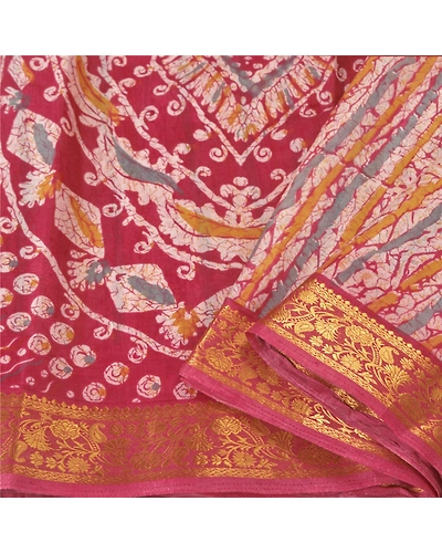 Sanskriti Vintage Pink Sarees Cotton Batik Printed Woven Sari Craft 5 Yd Fabric, PS-60437-Shade Of Pink &amp; Ivory-Batik Printed Work-Cotton-2