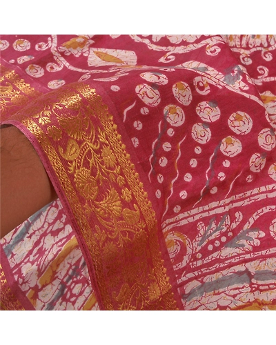 Sanskriti Vintage Pink Sarees Cotton Batik Printed Woven Sari Craft 5 Yd Fabric, PS-60437-Shade Of Pink &amp; Ivory-Batik Printed Work-Cotton-5