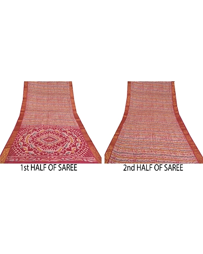 Sanskriti Vintage Pink Sarees Cotton Batik Printed Woven Sari Craft 5 Yd Fabric, PS-60437-Shade Of Pink &amp; Ivory-Batik Printed Work-Cotton-6