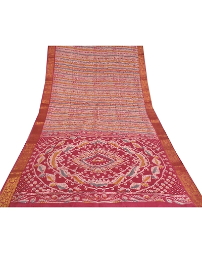 Sanskriti Vintage Pink Sarees Cotton Batik Printed Woven Sari Craft 5 Yd Fabric, PS-60437-Shade Of Pink &amp; Ivory-Batik Printed Work-Cotton-9