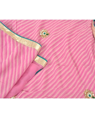 Sanskriti Vintage Pink Sarees Blend Georgette Hand Beaded Leheria Sari Fabric, PS-60446-Pink-Leheria Work-Blend Georgette-2