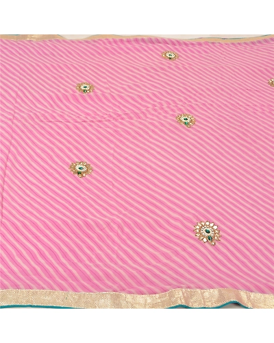 Sanskriti Vintage Pink Sarees Blend Georgette Hand Beaded Leheria Sari Fabric, PS-60446-Pink-Leheria Work-Blend Georgette-4