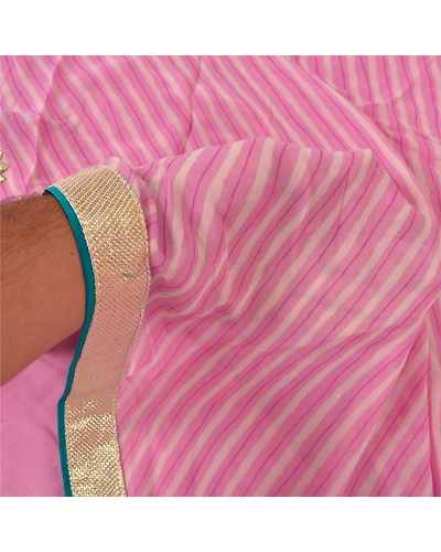 Sanskriti Vintage Pink Sarees Blend Georgette Hand Beaded Leheria Sari Fabric, PS-60446-Pink-Leheria Work-Blend Georgette-5