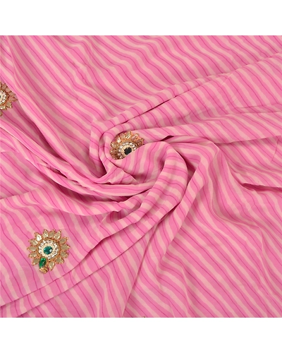 Sanskriti Vintage Pink Sarees Blend Georgette Hand Beaded Leheria Sari Fabric, PS-60446-Pink-Leheria Work-Blend Georgette-7