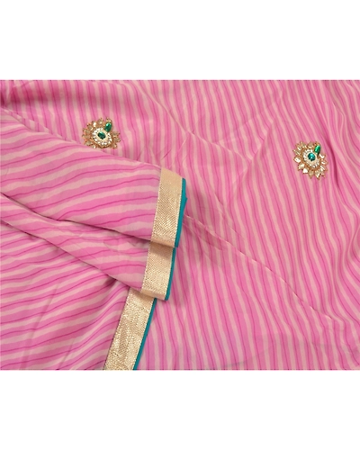 Sanskriti Vintage Pink Sarees Blend Georgette Hand Beaded Leheria Sari Fabric, PS-60446-Pink-Leheria Work-Blend Georgette-8