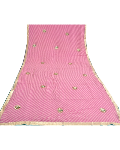 Sanskriti Vintage Pink Sarees Blend Georgette Hand Beaded Leheria Sari Fabric, PS-60446-Pink-Leheria Work-Blend Georgette-9