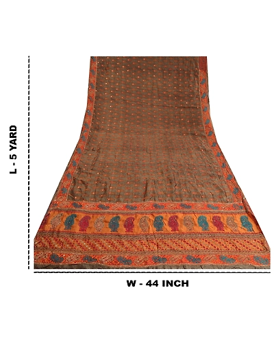 Sanskriti Vintage Grey Indian Sarees Pure Silk Hand Beaded Sari Craft Fabric, PS-60450-Grey &amp; Shade Of Saffron-Thread Work-100% Pure Silk-1