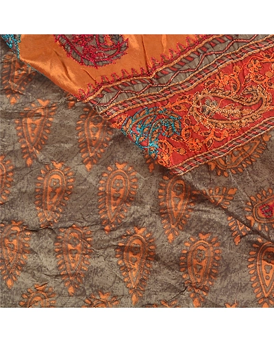 Sanskriti Vintage Grey Indian Sarees Pure Silk Hand Beaded Sari Craft Fabric, PS-60450-Grey &amp; Shade Of Saffron-Thread Work-100% Pure Silk-2