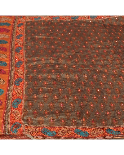 Sanskriti Vintage Grey Indian Sarees Pure Silk Hand Beaded Sari Craft Fabric, PS-60450-Grey &amp; Shade Of Saffron-Thread Work-100% Pure Silk-3