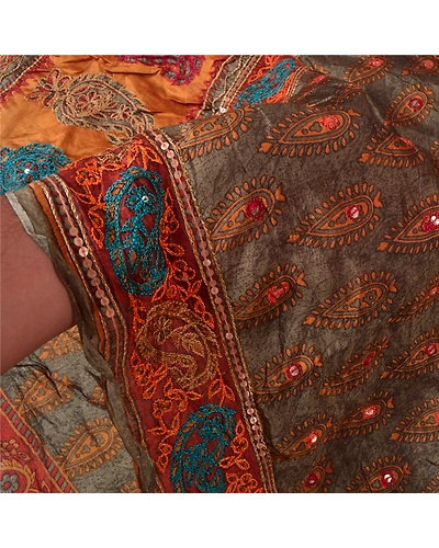 Sanskriti Vintage Grey Indian Sarees Pure Silk Hand Beaded Sari Craft Fabric, PS-60450-Grey &amp; Shade Of Saffron-Thread Work-100% Pure Silk-4