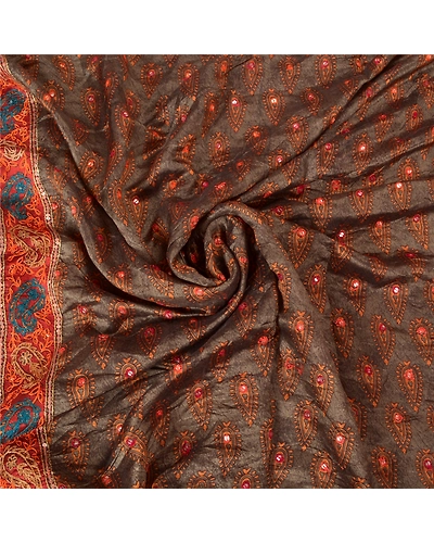 Sanskriti Vintage Grey Indian Sarees Pure Silk Hand Beaded Sari Craft Fabric, PS-60450-Grey &amp; Shade Of Saffron-Thread Work-100% Pure Silk-6