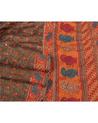 Sanskriti Vintage Grey Indian Sarees Pure Silk Hand Beaded Sari Craft Fabric, PS-60450-Grey &amp; Shade Of Saffron-Thread Work-100% Pure Silk-7