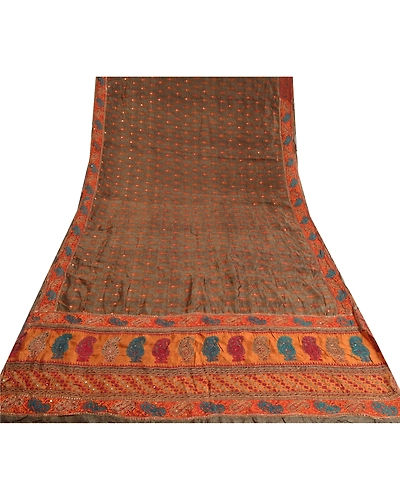 Sanskriti Vintage Grey Indian Sarees Pure Silk Hand Beaded Sari Craft Fabric, PS-60450-Grey &amp; Shade Of Saffron-Thread Work-100% Pure Silk-8