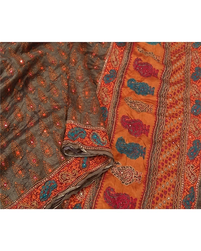 Sanskriti Vintage Grey Indian Sarees Pure Silk Hand Beaded Sari Craft Fabric, PS-60450-Grey &amp; Shade Of Saffron-Thread Work-100% Pure Silk-9