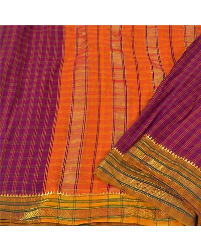 Sanskriti Vintage Purple Sarees Pure Cotton Woven Chettinad Premium Sari Fabric, PS-60457-Purple &amp; Saffron-Woven Work-100% Pure Cotton-2