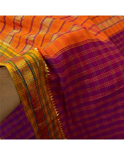 Sanskriti Vintage Purple Sarees Pure Cotton Woven Chettinad Premium Sari Fabric, PS-60457-Purple &amp; Saffron-Woven Work-100% Pure Cotton-5