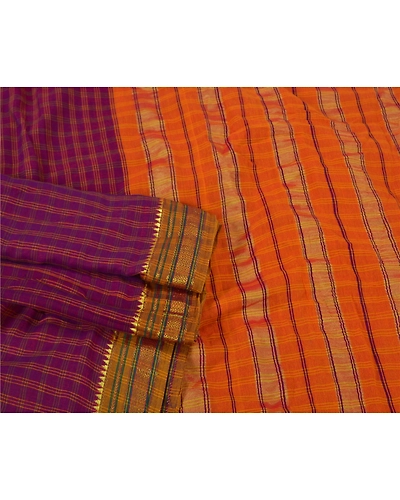 Sanskriti Vintage Purple Sarees Pure Cotton Woven Chettinad Premium Sari Fabric, PS-60457-Purple &amp; Saffron-Woven Work-100% Pure Cotton-8