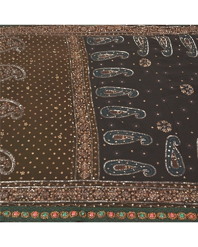 Sanskriti Vintage Bollywood Sarees Pure Georgette Silk Hand Beaded Sari Fabric, PS-60493-Black &amp; Brown-Sequins Work-Pure Georgette Silk-3