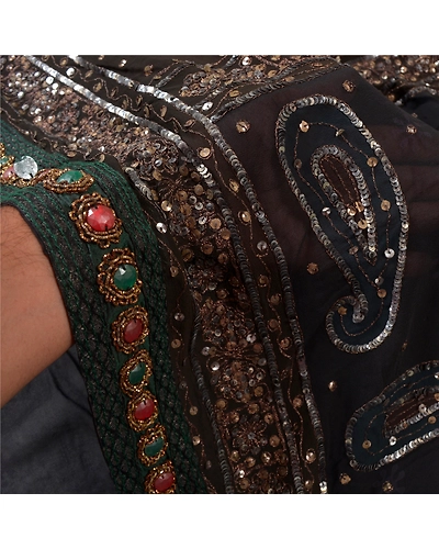 Sanskriti Vintage Bollywood Sarees Pure Georgette Silk Hand Beaded Sari Fabric, PS-60493-Black &amp; Brown-Sequins Work-Pure Georgette Silk-4
