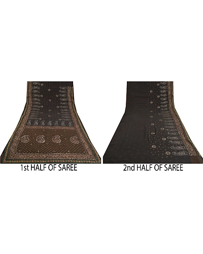 Sanskriti Vintage Bollywood Sarees Pure Georgette Silk Hand Beaded Sari Fabric, PS-60493-Black &amp; Brown-Sequins Work-Pure Georgette Silk-5
