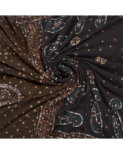 Sanskriti Vintage Bollywood Sarees Pure Georgette Silk Hand Beaded Sari Fabric, PS-60493-Black &amp; Brown-Sequins Work-Pure Georgette Silk-6