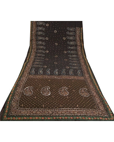 Sanskriti Vintage Bollywood Sarees Pure Georgette Silk Hand Beaded Sari Fabric, PS-60493-Black &amp; Brown-Sequins Work-Pure Georgette Silk-8