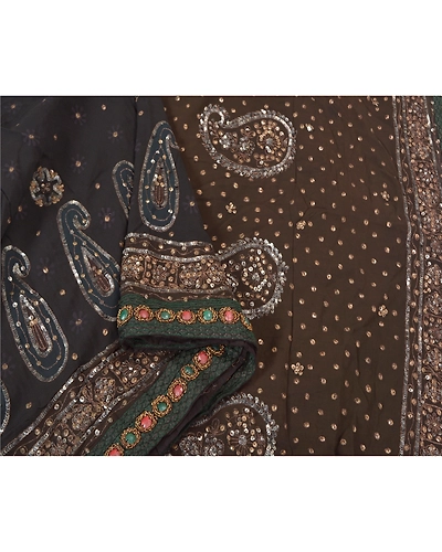Sanskriti Vintage Bollywood Sarees Pure Georgette Silk Hand Beaded Sari Fabric, PS-60493-Black &amp; Brown-Sequins Work-Pure Georgette Silk-9
